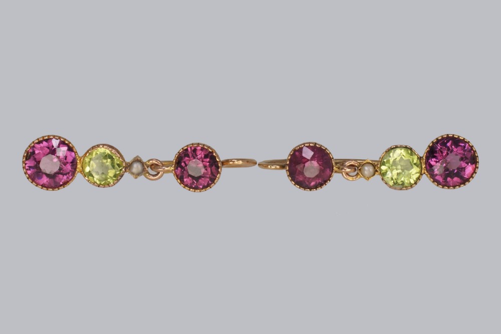 Suffragett Earrings Peridot Pearl & Amethyst 18ct Gold Antique Dangle Earrings View II