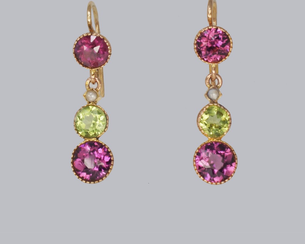 Suffragett Earrings Peridot Pearl & Amethyst 18ct Gold Antique Dangle Earrings View III