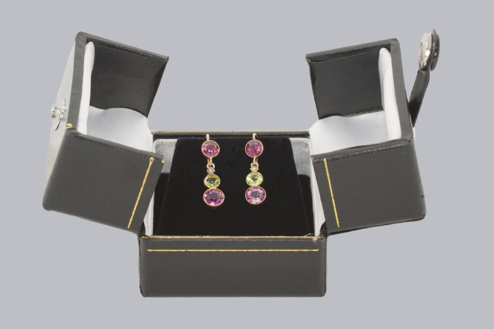 Suffragett Earrings Peridot Pearl & Amethyst 18ct Gold Antique Dangle Earrings View VI