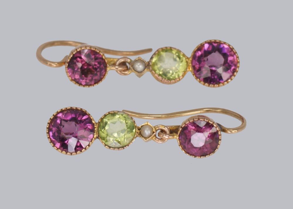 Suffragett Earrings Peridot Pearl & Amethyst 18ct Gold Antique Dangle Earrings View VII