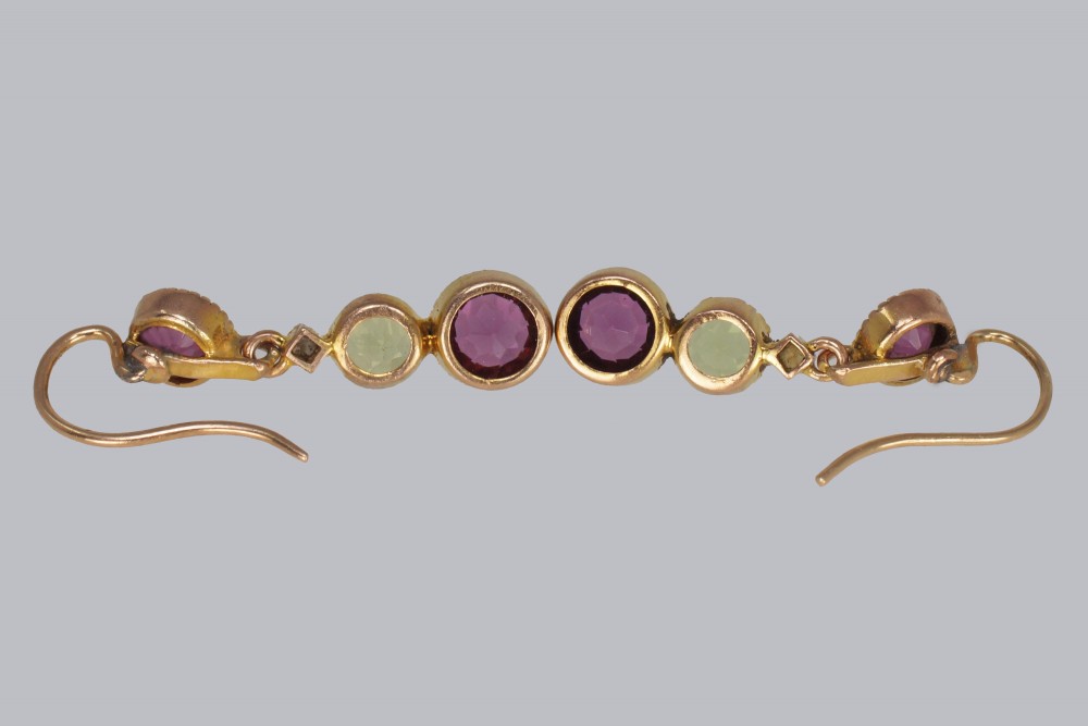 Suffragett Earrings Peridot Pearl & Amethyst 18ct Gold Antique Dangle Earrings View VIII
