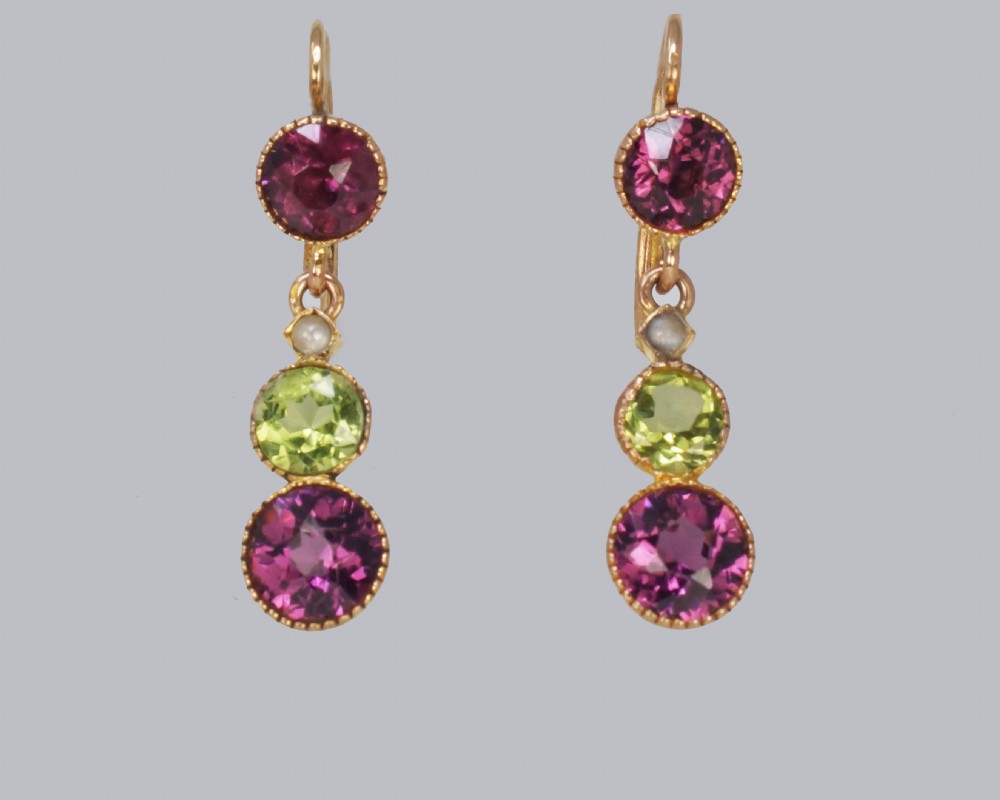 Suffragett Earrings Peridot Pearl & Amethyst 18ct Gold Antique Dangle Earrings View IX