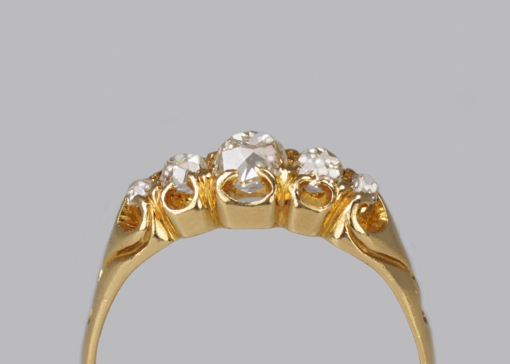 Antique Old Mine Cut Diamond Victorian 18ct Gold Five Stone Half Hoop Ring circa 1890 View IV