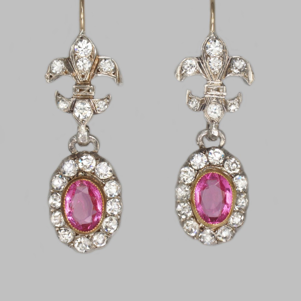 Victorian Pink Topaz & Paste Dangle Earrings Antique Fleur de Lis Gold & Silver Earrings
