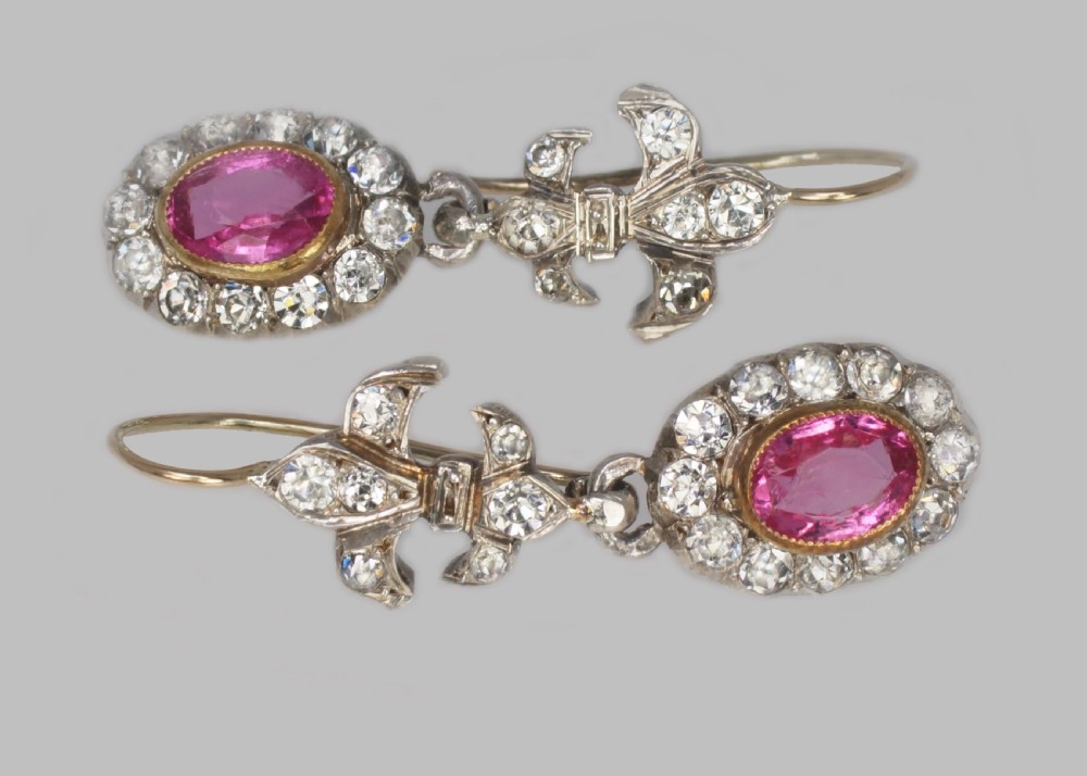 Victorian Pink Topaz & Paste Dangle Earrings Antique Fleur de Lis Gold & Silver Earrings View IV