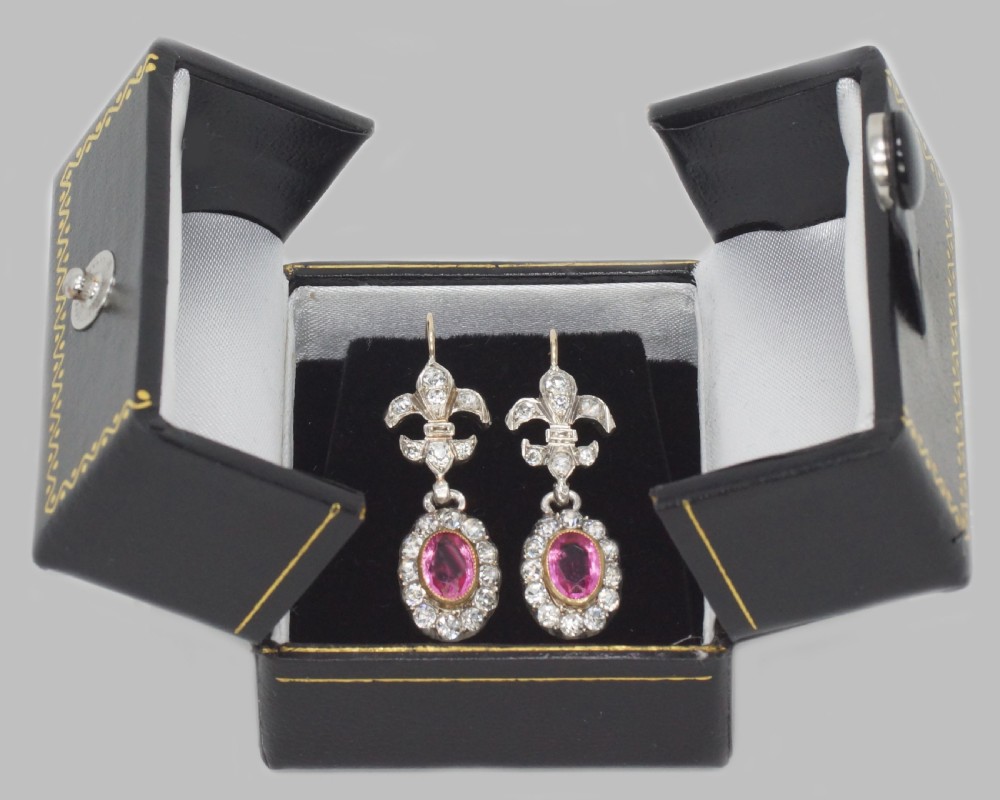 Victorian Pink Topaz & Paste Dangle Earrings Antique Fleur de Lis Gold & Silver Earrings View VI