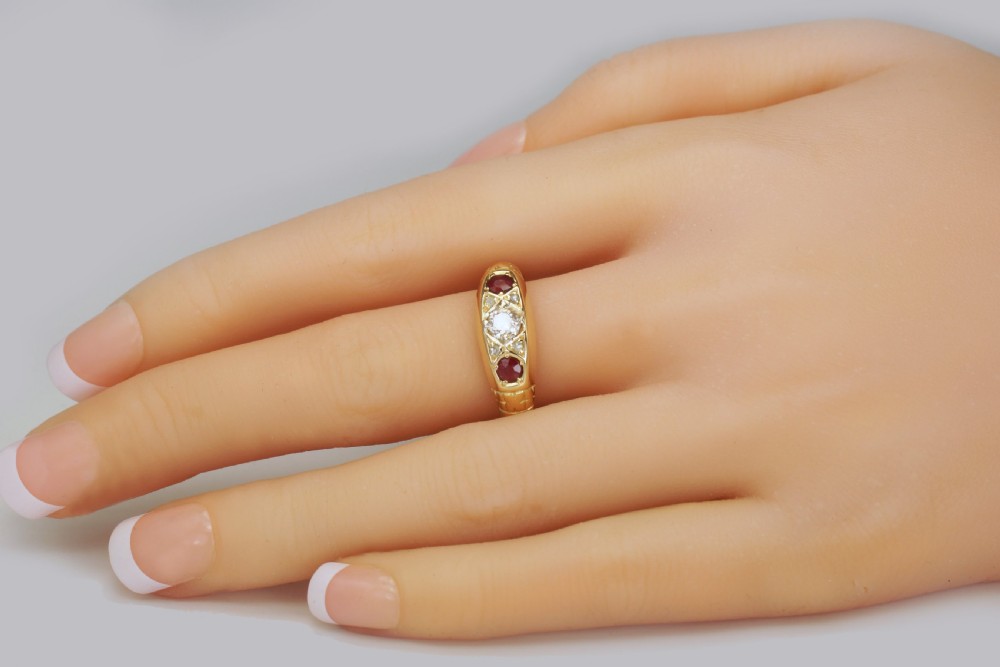Antique Old Cut Diamond & Ruby Trilogy Ring 18ct Gold Hallmarked Chester 1911 View II