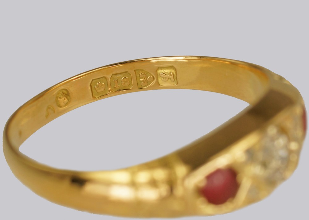 Antique Old Cut Diamond & Ruby Trilogy Ring 18ct Gold Hallmarked Chester 1911 View III
