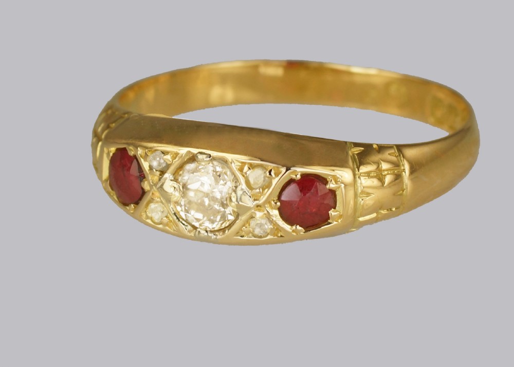Antique Old Cut Diamond & Ruby Trilogy Ring 18ct Gold Hallmarked Chester 1911 View V