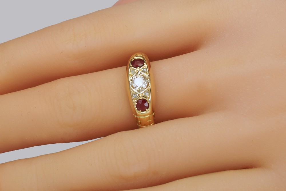 Antique Old Cut Diamond & Ruby Trilogy Ring 18ct Gold Hallmarked Chester 1911 View VII