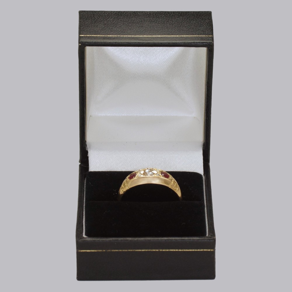 Antique Old Cut Diamond & Ruby Trilogy Ring 18ct Gold Hallmarked Chester 1911 View VIII