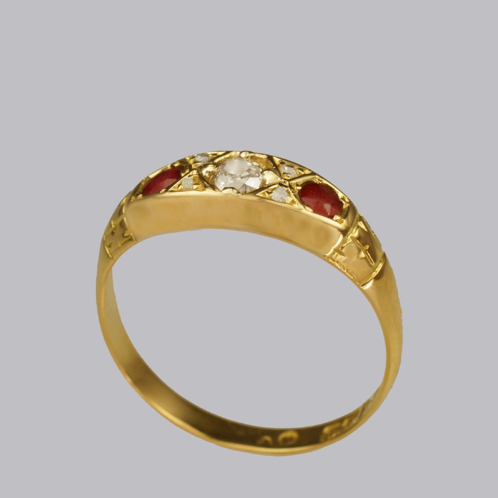Antique Old Cut Diamond & Ruby Trilogy Ring 18ct Gold Hallmarked Chester 1911 View IX