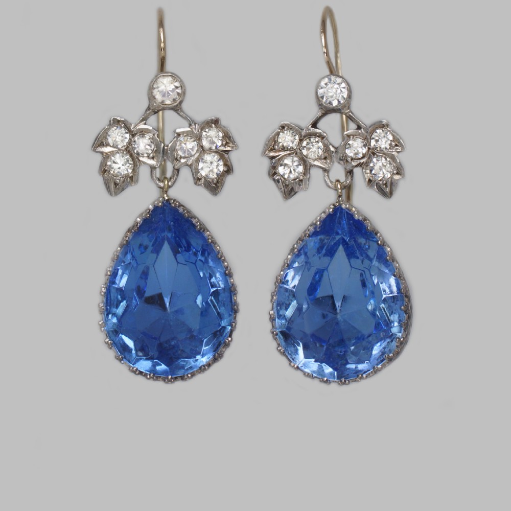Victorian Blue Topaz & Paste Drop Earrings Antique 1.5? Dangling Earrings circa 1860