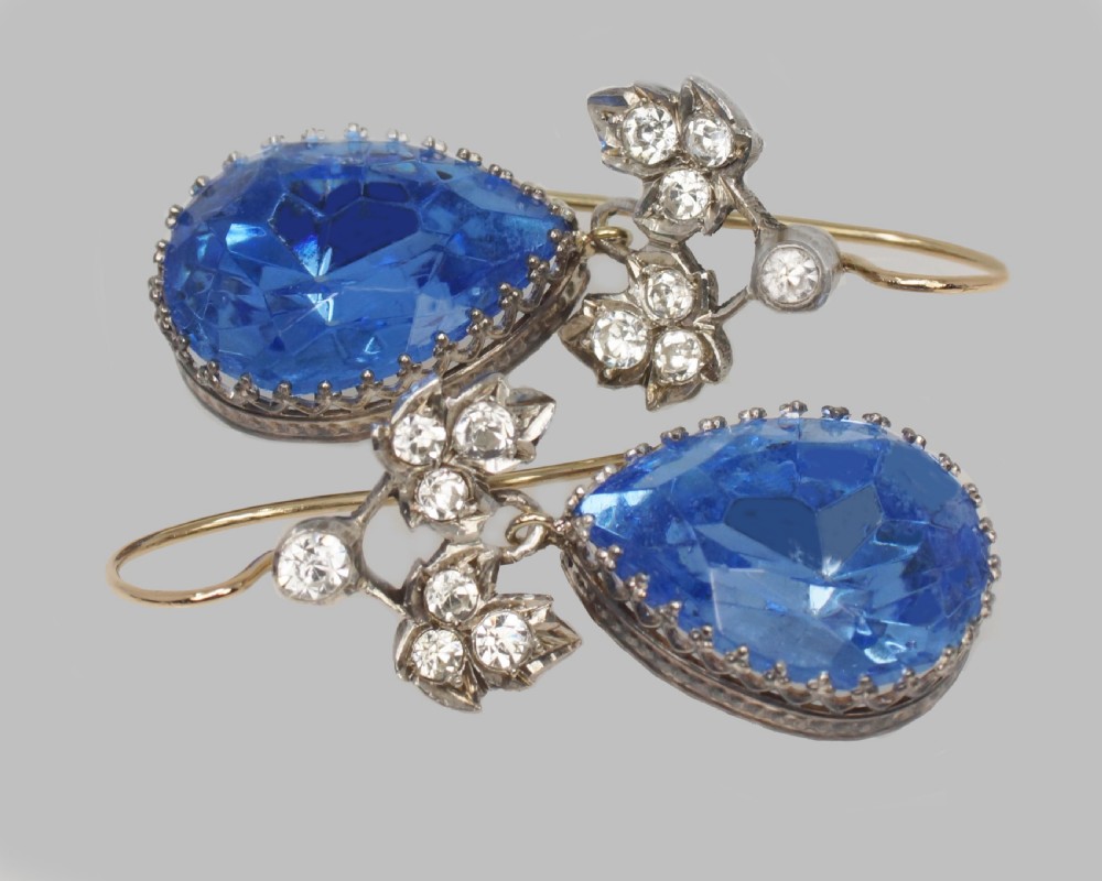 Victorian Blue Topaz & Paste Drop Earrings Antique 1.5? Dangling Earrings circa 1860 View II