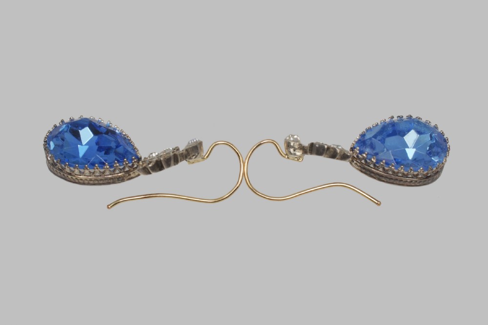Victorian Blue Topaz & Paste Drop Earrings Antique 1.5? Dangling Earrings circa 1860 View IV