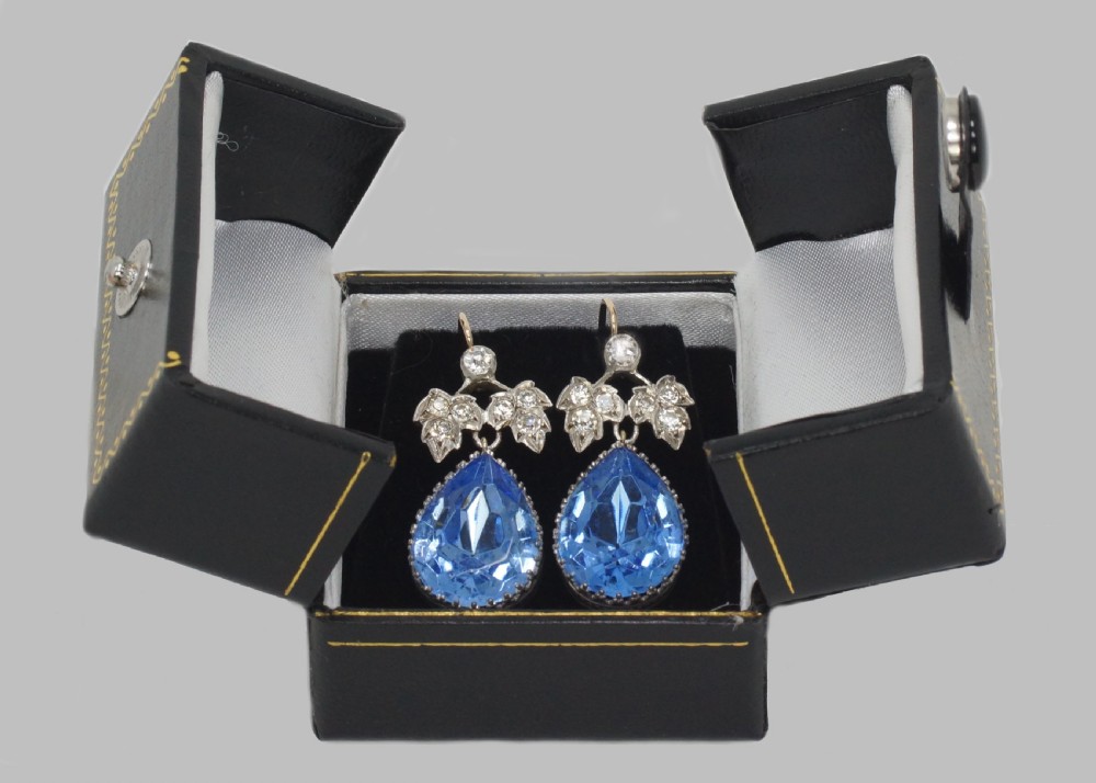 Victorian Blue Topaz & Paste Drop Earrings Antique 1.5? Dangling Earrings circa 1860 View V