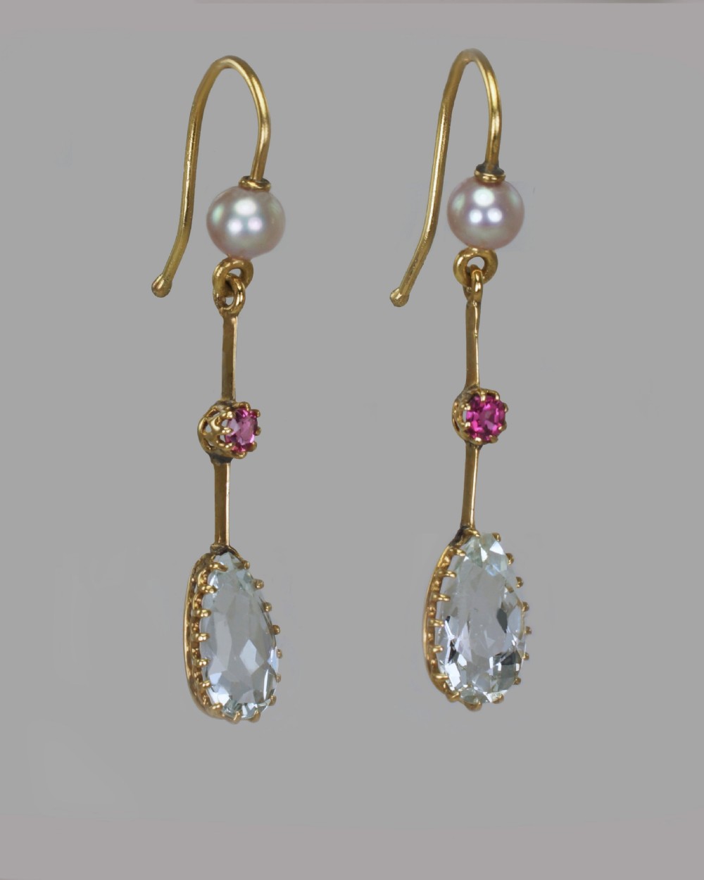Antique Dangle Earrings 18ct Gold Aquamarine Ruby Pearl Edwardian Drop Earrings View II