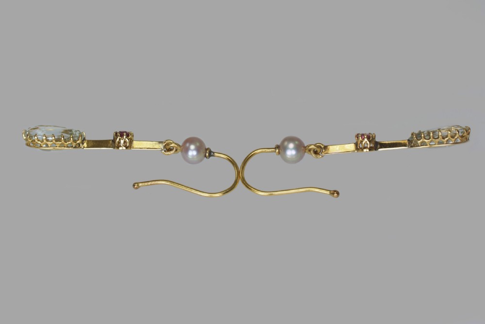 Antique Dangle Earrings 18ct Gold Aquamarine Ruby Pearl Edwardian Drop Earrings View III