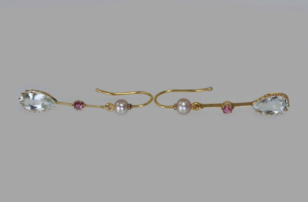 Antique Dangle Earrings 18ct Gold Aquamarine Ruby Pearl Edwardian Drop Earrings View IV