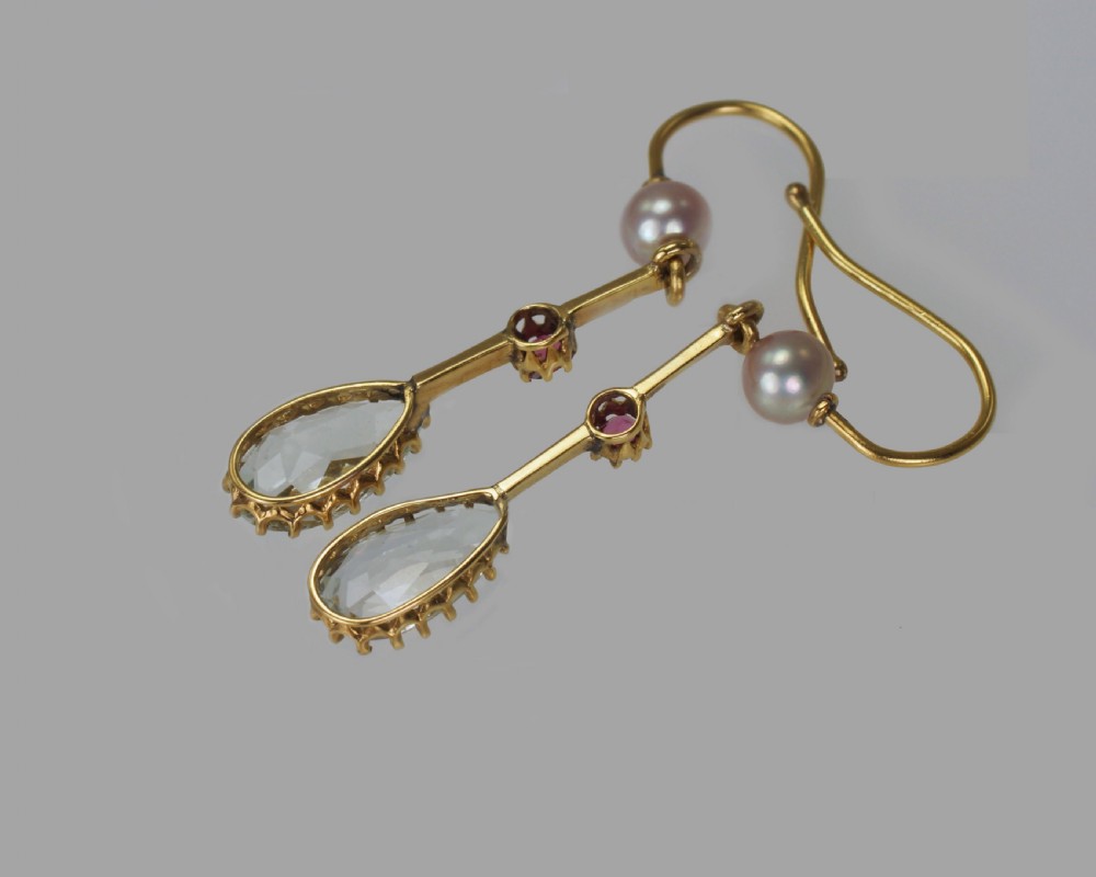 Antique Dangle Earrings 18ct Gold Aquamarine Ruby Pearl Edwardian Drop Earrings View V