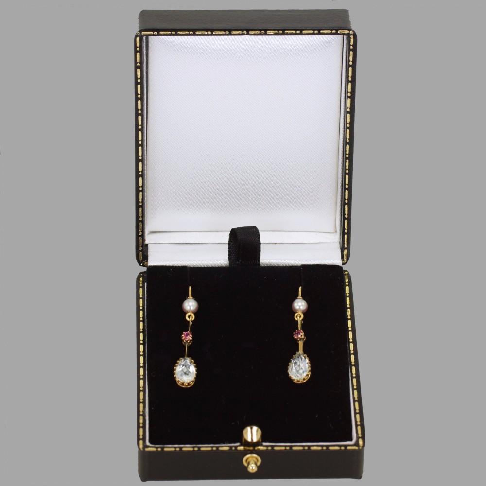Antique Dangle Earrings 18ct Gold Aquamarine Ruby Pearl Edwardian Drop Earrings View VI