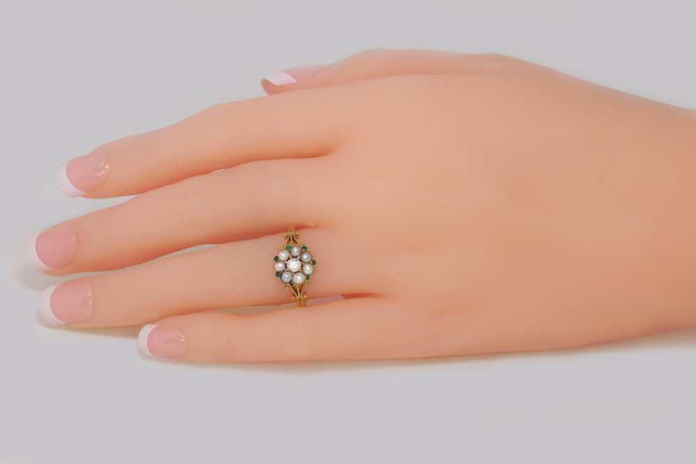 Antique Diamond Pearl & Emerald Cluster Ring Edwardian Gold Hallmarked 1910 View II
