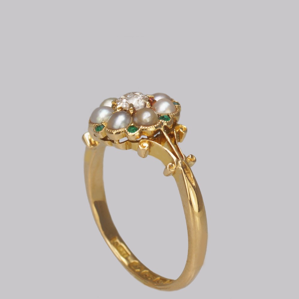 Antique Diamond Pearl & Emerald Cluster Ring Edwardian Gold Hallmarked 1910 View V