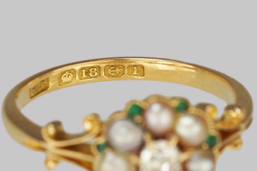 Antique Diamond Pearl & Emerald Cluster Ring Edwardian Gold Hallmarked 1910 View VI