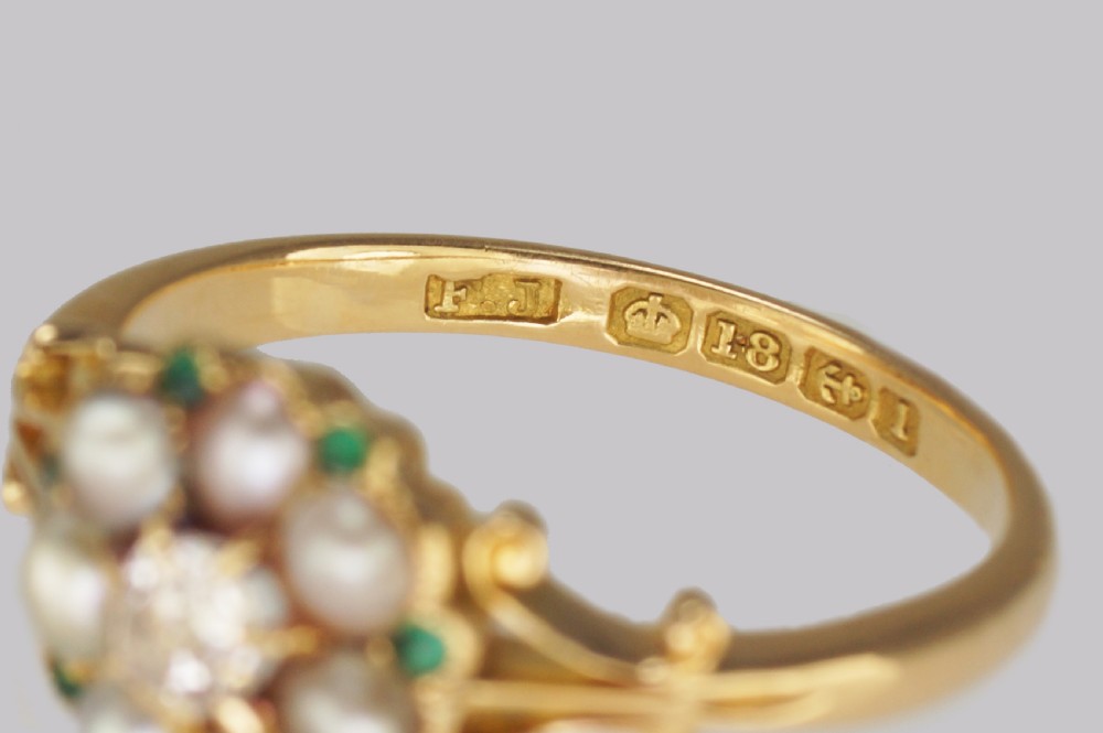 Antique Diamond Pearl & Emerald Cluster Ring Edwardian Gold Hallmarked 1910 View VII