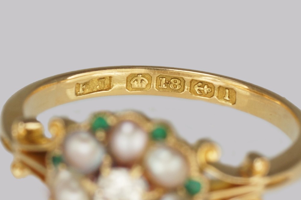 Antique Diamond Pearl & Emerald Cluster Ring Edwardian Gold Hallmarked 1910 View VIII