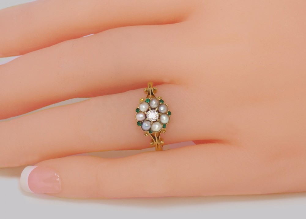 Antique Diamond Pearl & Emerald Cluster Ring Edwardian Gold Hallmarked 1910 View IX