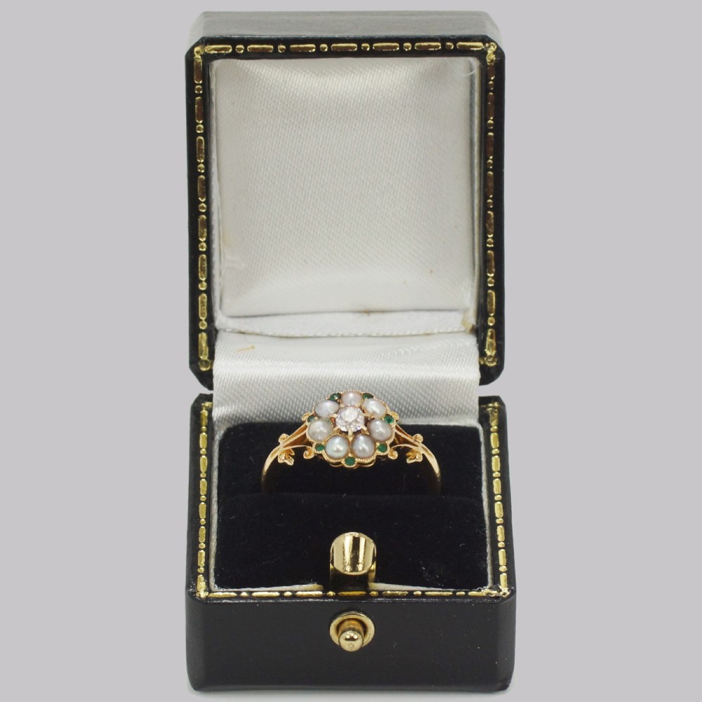 Antique Diamond Pearl & Emerald Cluster Ring Edwardian Gold Hallmarked 1910 View XI