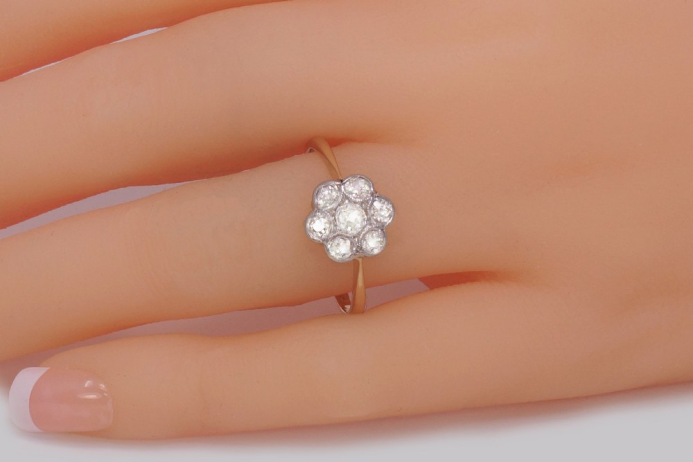 Edwardian Diamond Cluster Ring 1920s 18ct Gold 0.65ct Old Cut Diamond Antique Daisy Ring View X