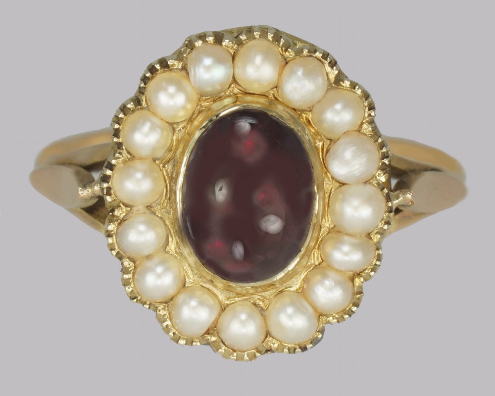 Antique Garnet & Natural Pearl Ring Mid Victorian 18ct Gold Ring circa 1860