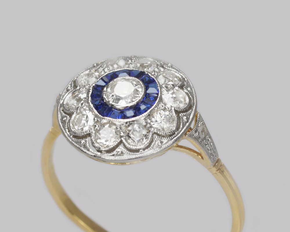 Art Deco Sapphire & Diamond Target Ring Antique 1920's 18ct Gold Cluster Ring View III