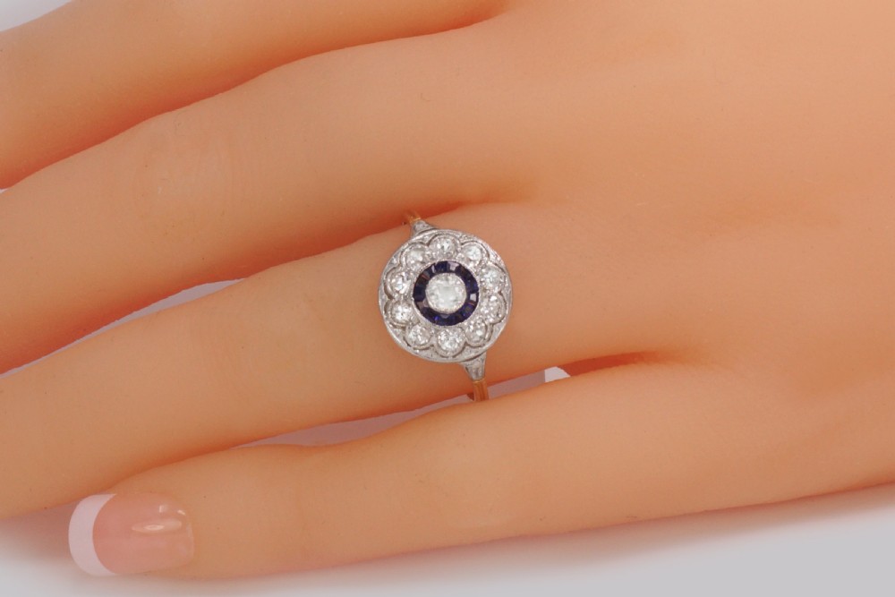 Art Deco Sapphire & Diamond Target Ring Antique 1920's 18ct Gold Cluster Ring View V