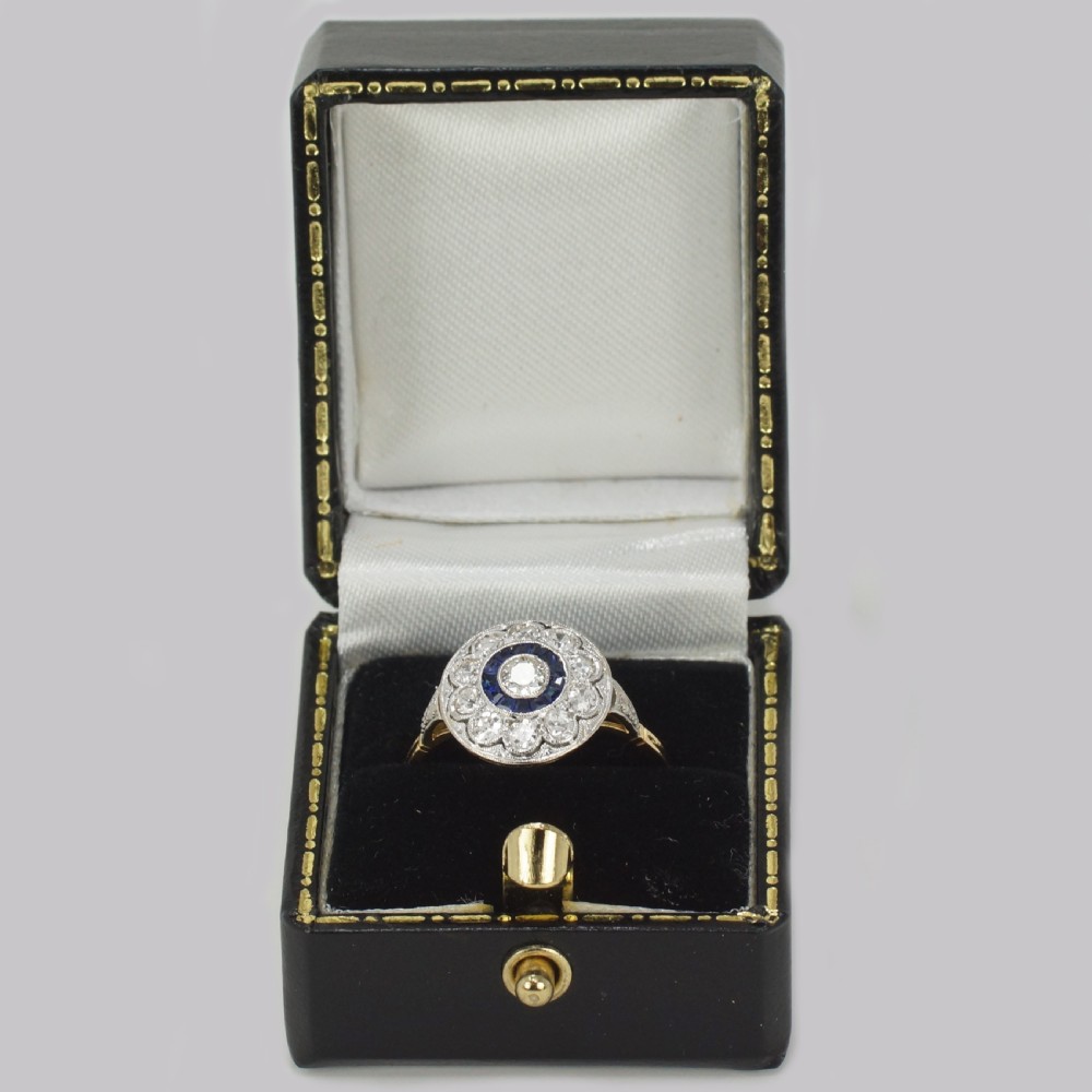 Art Deco Sapphire & Diamond Target Ring Antique 1920's 18ct Gold Cluster Ring View VII