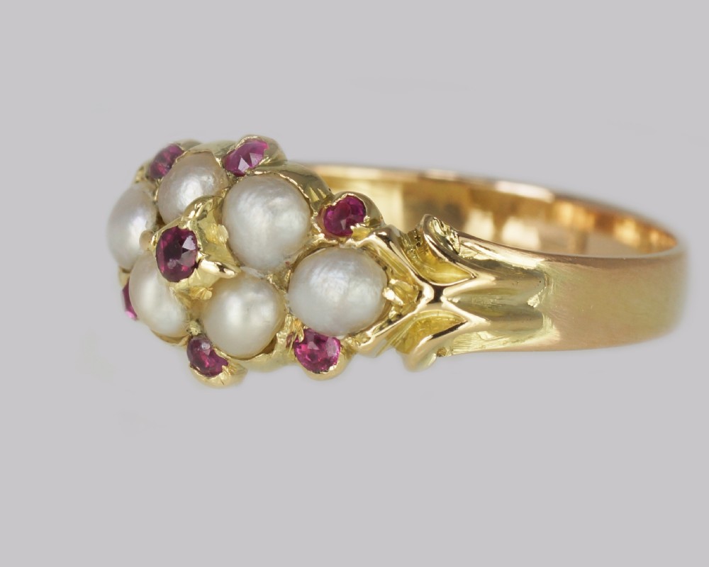 Victorian Ruby & Pearl Ring Antique 18ct Gold Cluster Ring circa 1880 View III