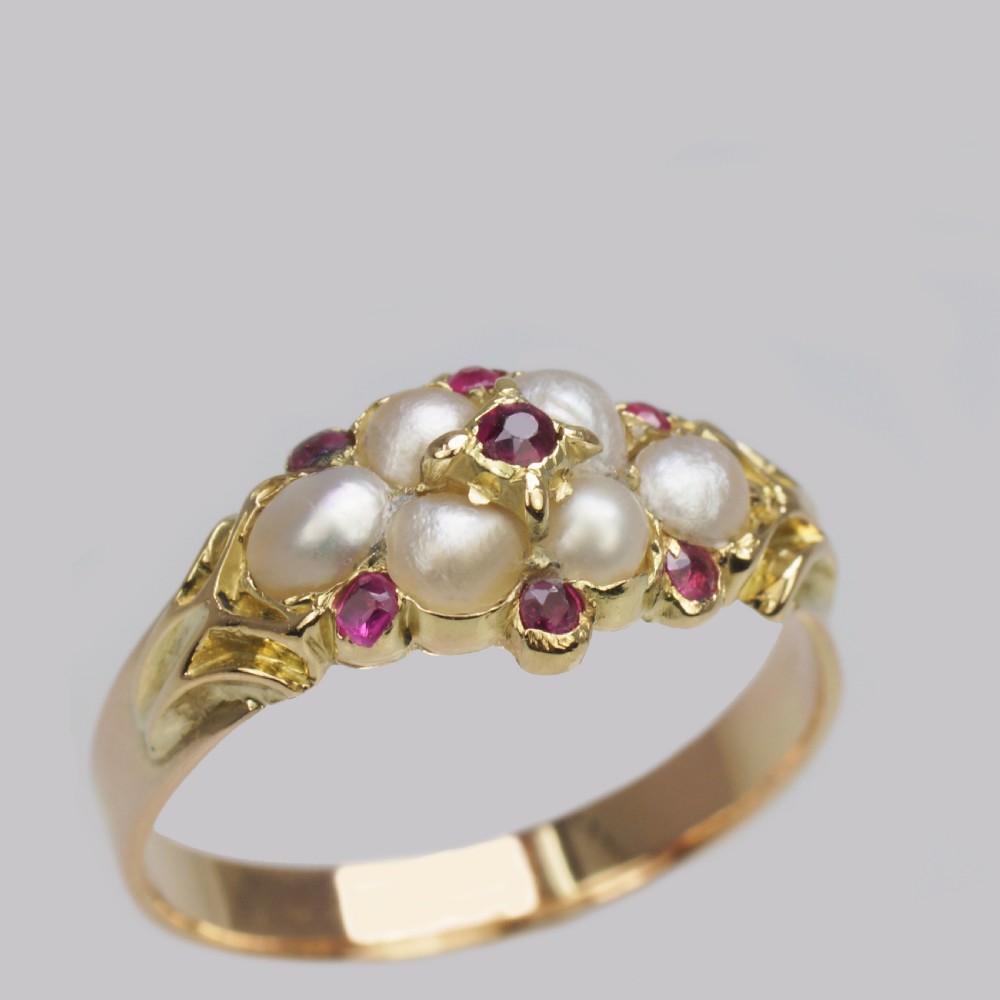 Victorian Ruby & Pearl Ring Antique 18ct Gold Cluster Ring circa 1880 View IV