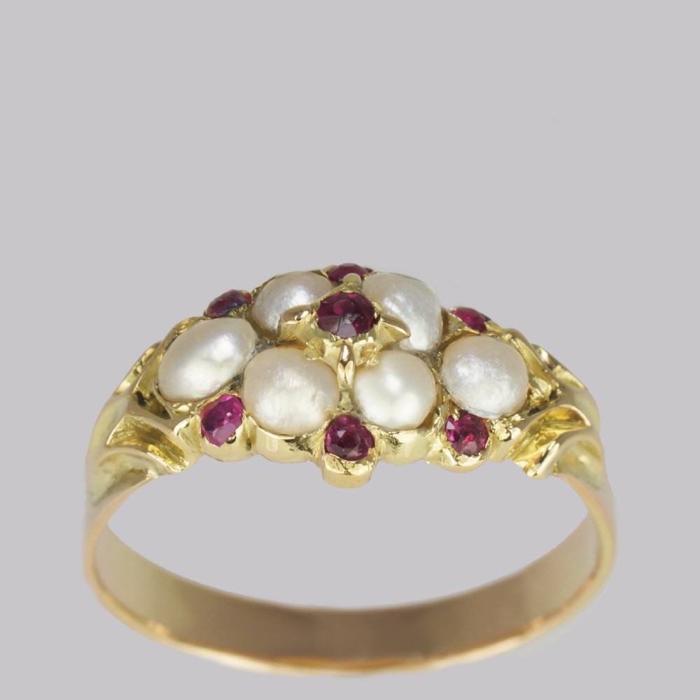 Victorian Ruby & Pearl Ring Antique 18ct Gold Cluster Ring circa 1880 View V