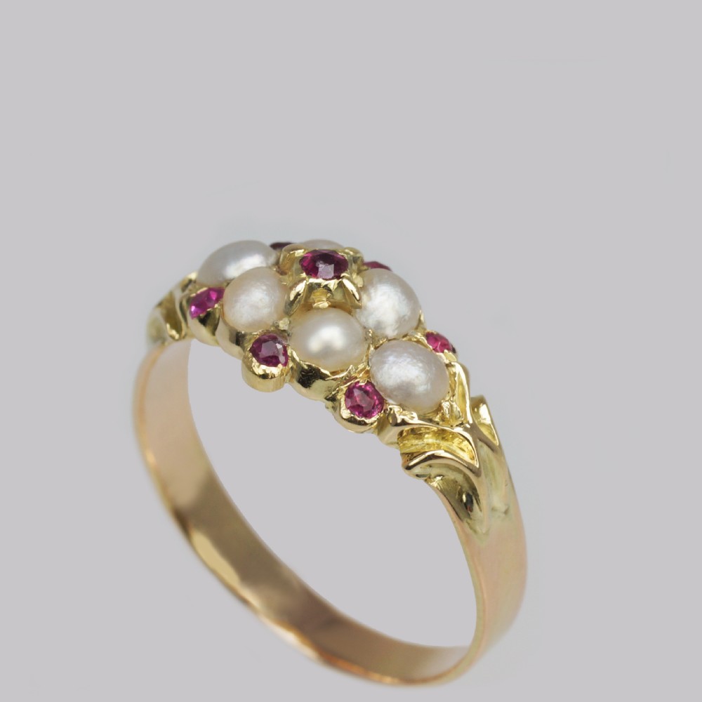 Victorian Ruby & Pearl Ring Antique 18ct Gold Cluster Ring circa 1880 View VI
