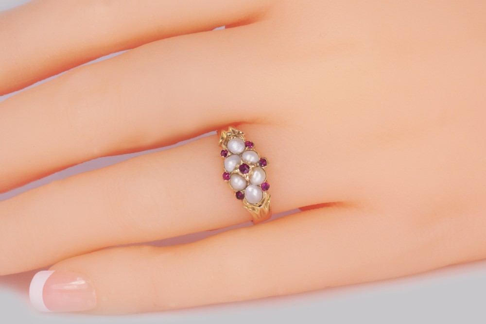 Victorian Ruby & Pearl Ring Antique 18ct Gold Cluster Ring circa 1880 View IX