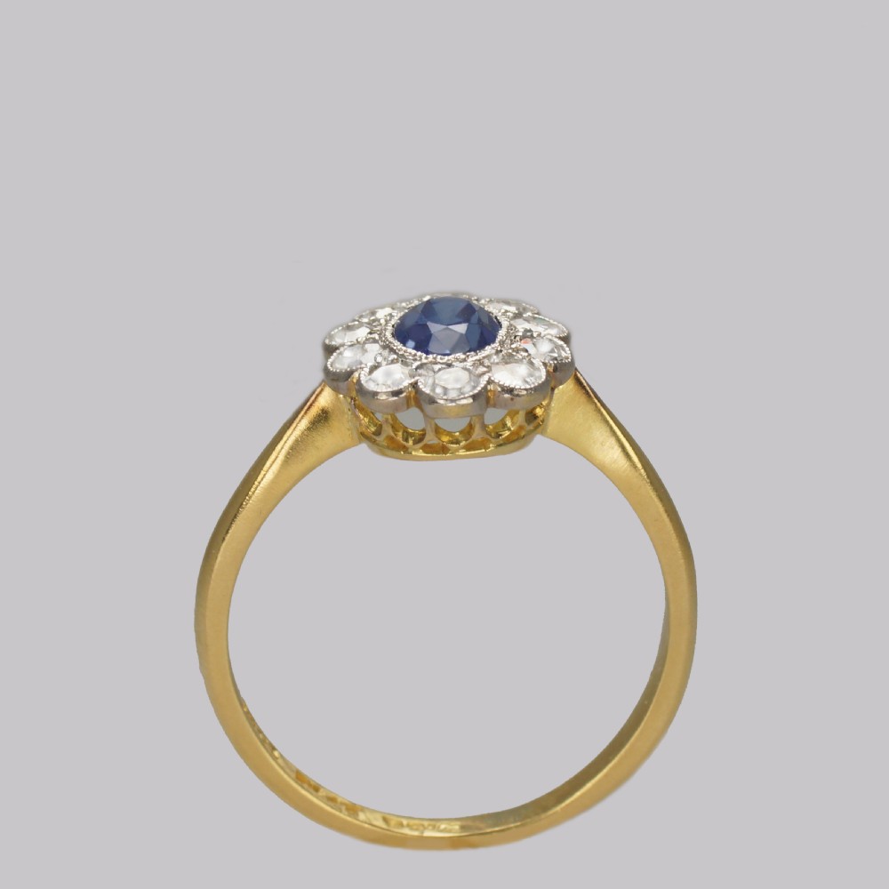 Vintage Sapphire & Diamond Cluster Ring Antique 18ct Gold Engagement Ring View III