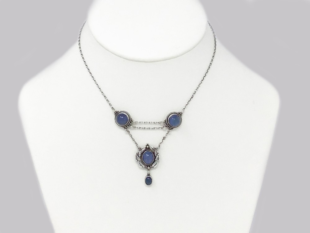 Arts & Craft Chalcedony Necklace Silver Edith Stewart Victorian Pendant circa 1900 View V