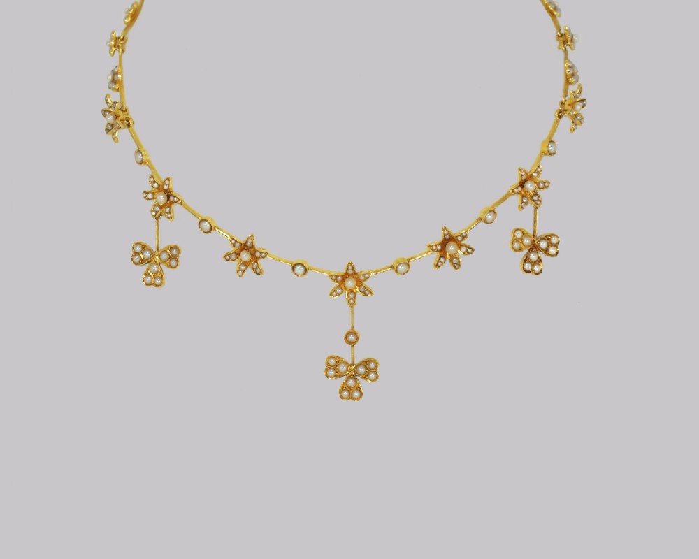 Antique Seed Pearl Necklace 15ct Gold Three Leaf Clover Edwardian Necklace circa 1910