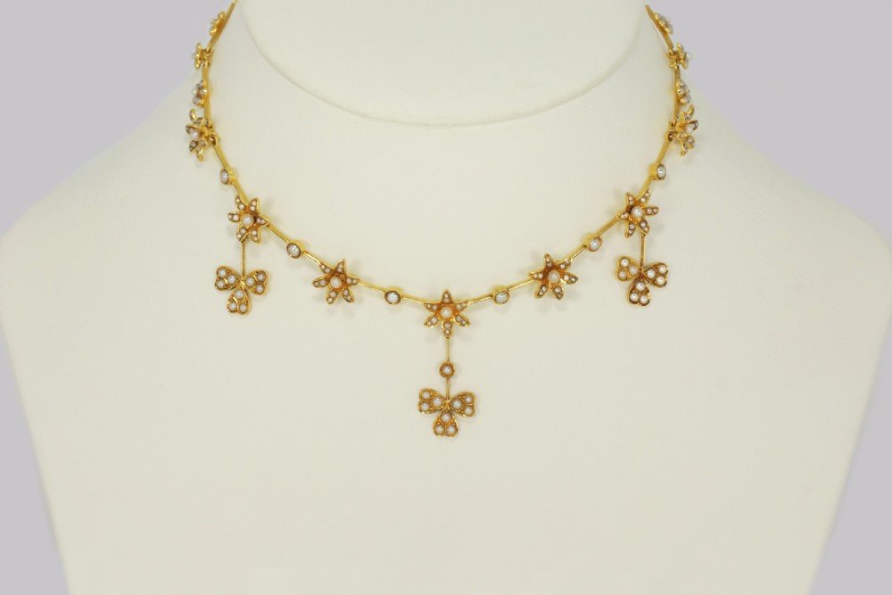 Antique Seed Pearl Necklace 15ct Gold Three Leaf Clover Edwardian Necklace circa 1910 View II