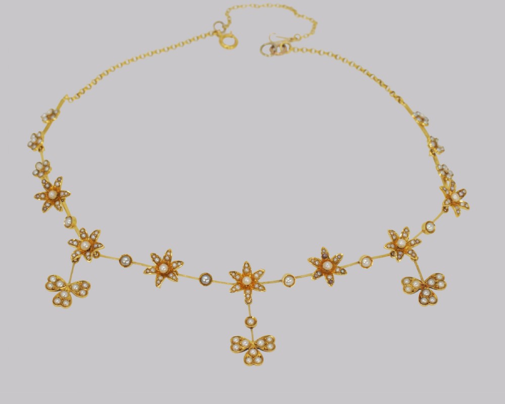 Antique Seed Pearl Necklace 15ct Gold Three Leaf Clover Edwardian Necklace circa 1910 View III