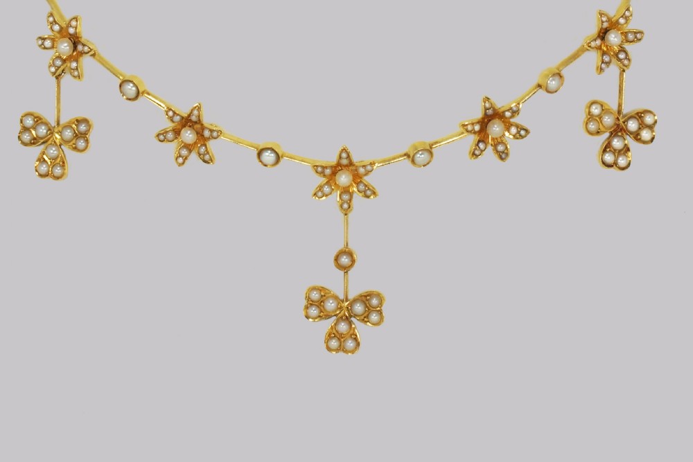 Antique Seed Pearl Necklace 15ct Gold Three Leaf Clover Edwardian Necklace circa 1910 View IV