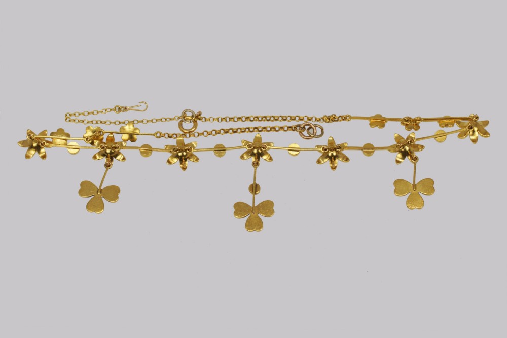 Antique Seed Pearl Necklace 15ct Gold Three Leaf Clover Edwardian Necklace circa 1910 View V