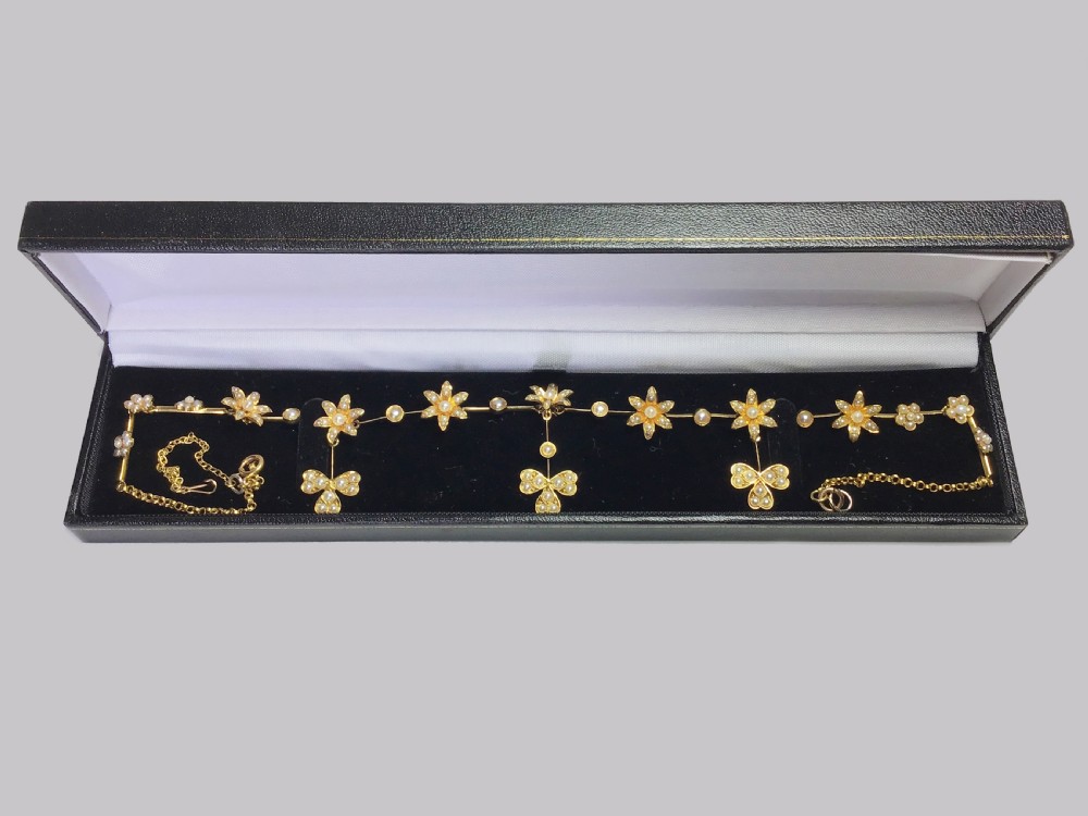 Antique Seed Pearl Necklace 15ct Gold Three Leaf Clover Edwardian Necklace circa 1910 View VIII